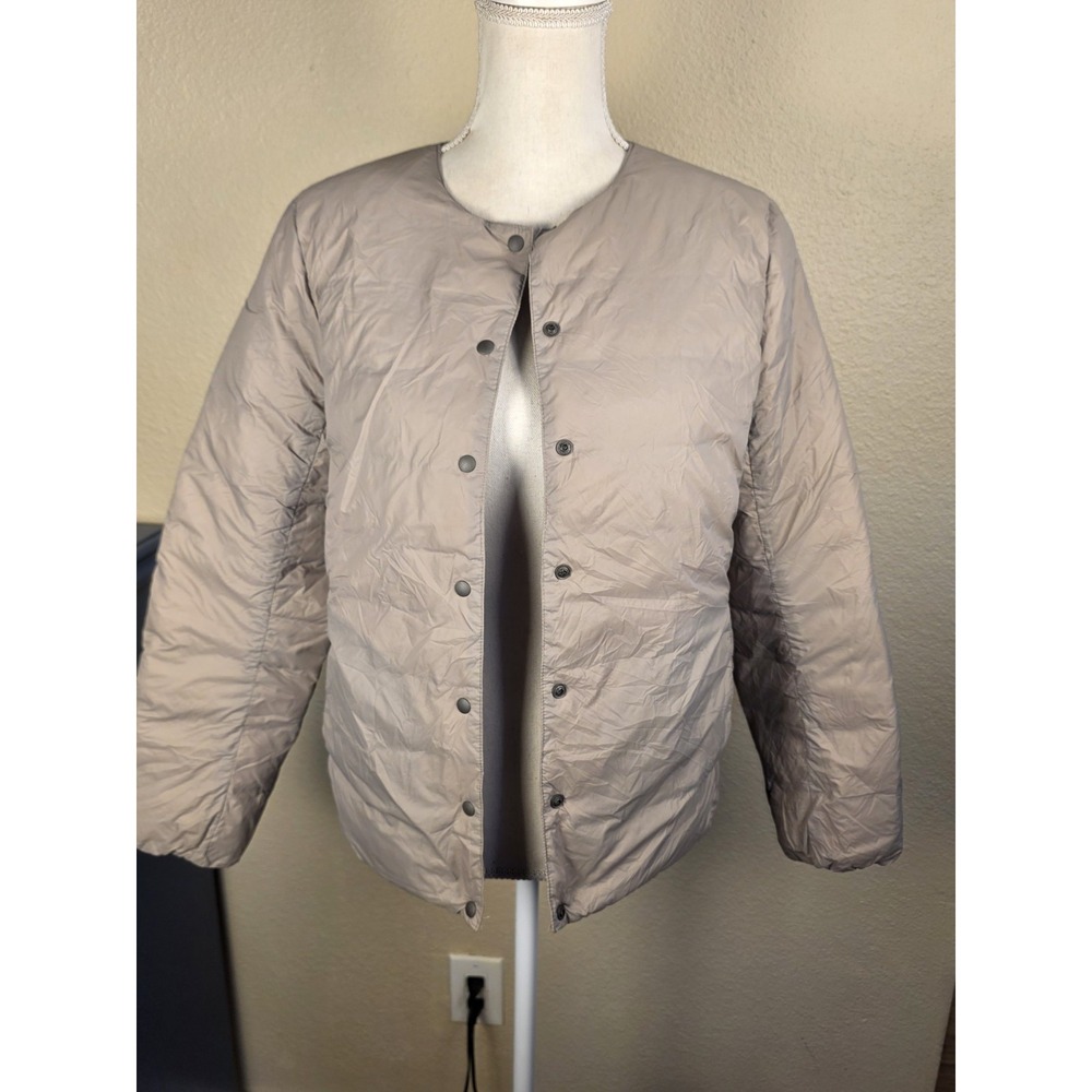 Muji Womens Size Medium Lightweight Down Collarless Jacket Beige Minimalist